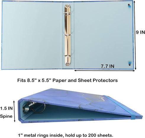 Mini 3 Ring Binder 1 Inch Fits 5.5" x 8.5" Paper and Sheet Protectors, Recipe Binder, Steel-Blue Marble...