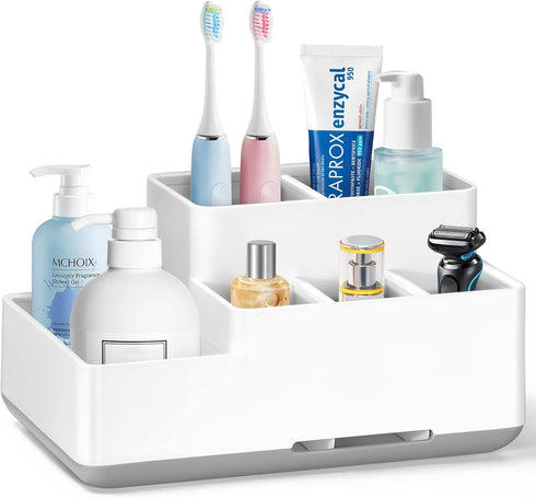 Electric Toothbrush Holder, Detachable Non-Slip Bathroom Organizer Countertop with 6 Compartments and Drainage Holes Bathroom Organizer for Bathro...