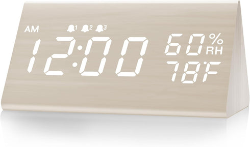 Digital Alarm Clock, with Wooden Electronic LED Time Display, 3 Alarm Settings, Humidity & Temperature Detect, Wood Made Electric Clocks for Bedro...