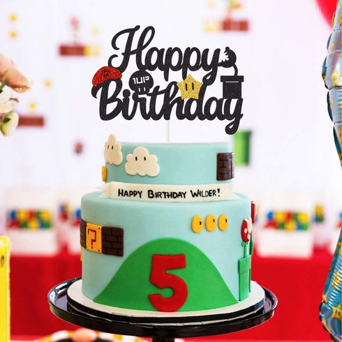 Black Glitter Mario Cake Topper Happy Birthday Cake Decoration Video Game Themed Kids Boys Birthday Party Supplies...