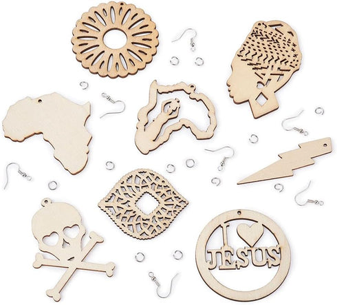 Beadthoven DIY African Wooden Dangle Earring Making Kits 8 Styles Africa Map Women Lady Wood Filigree Pendants Wooden Earrings Blanks with Earring...