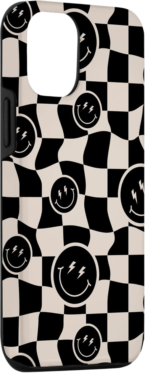 iPhone 15 Cute Retro Twisted Swirl Black Happy Smiling Face Checkered Case...