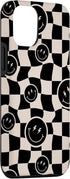 iPhone 15 Cute Retro Twisted Swirl Black Happy Smiling Face Checkered Case...