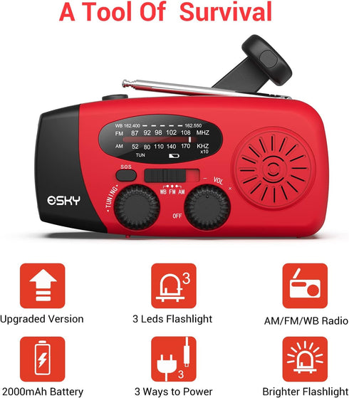 Esky Emergency Hand Crank Radio with 3 LED Flashlight, AM/FM/NOAA Portable Weather Radio with 2000mAh Power Bank Phone Charger, Solar Powered Rech...