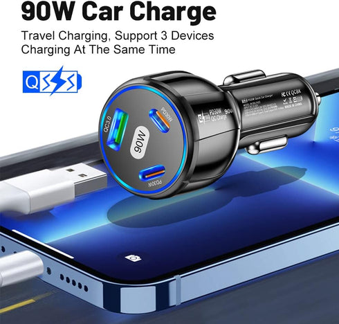 3-Port Car Charger Adapter, 90W PD &QC3.0 Fast Charging Car Cigarette Lighter USB Charger, Car Phone Charger for iPhone/Android/Samsung Galaxy S10...