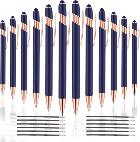 12 PCS 2 in 1 Stylus Ballpoint Pens,Pen with Stylus Tips, 1.0 mm Black Ink Metal Pen Stylus Pens for Touch Screens (Rose gold & Blue) 12 Pens and ...