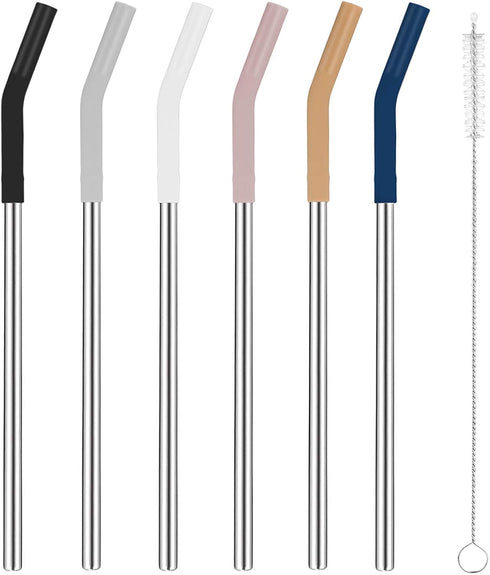 Tronco Set of 6 Stainless Steel Reusable Metal Straws with Silicone Flex Tips Elbows Cover, Metal Drinking Straws for Tronco Tumbler, 6 Steel Stra...