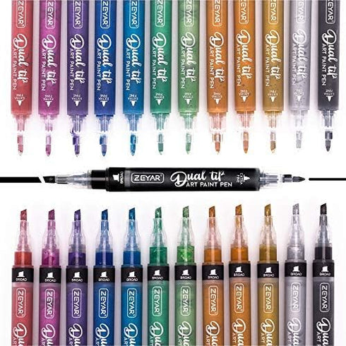 ZEYAR Dual Tip Acrylic Paint Pens 12 Metallic Colors, Board and Extra Fine Tips, Patented product, Water Based Acrylic & Waterproof Ink (12 Metall...