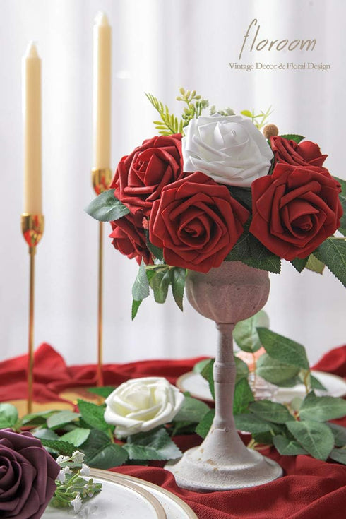 Floroom Artificial Flowers 25pcs Real Looking Dark Red Foam Fake Roses with Stems for DIY Wedding Bouquets Bridal Shower Centerpieces Party Decora...