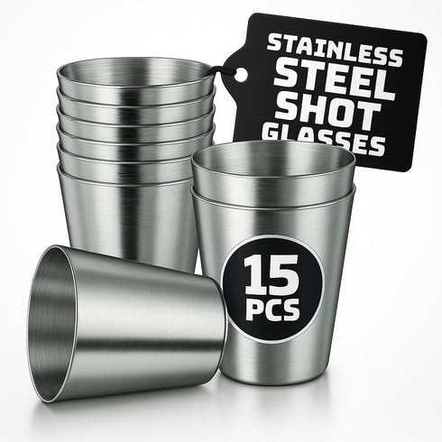Metal Reusable Shot Glasses 30ml/1oz - 15 Pcs Stainless Steel Shot Glasses Unbreakable, Stylish Design, Good for Whiskey, Vodka, Tequila, Coffee –...