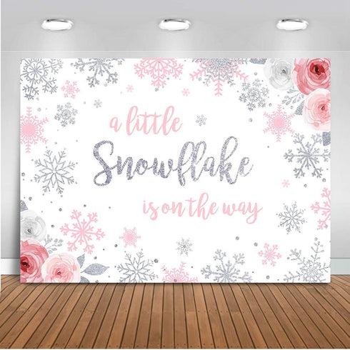 Mocsicka Snowflake Baby Shower Backdrop - Winter Wonderland Photography Background - Pink & Silver Snowflakes - 7x5ft (82x60 inch)...