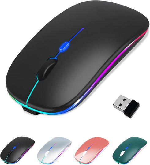 Wireless Bluetooth Mouse for iPad/MacBook Pro/Air/Laptop/pc Rechargeable Silent Mouse Portable Slim for Surface Pro/Lenovo/Samsung Tablet (LED/Bla...