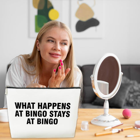 Funny Bingo Player Makeup Bag Gift for Her, What Happens at Bingo Stays at Bingo, Bingo Money Game or Casino Gambling Lover or Gambler Gift, PU Le...