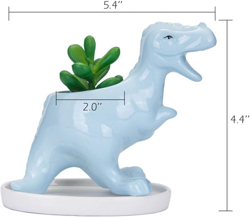 VanEnjoy Desktop Cute Cartoon Blue Tyrannosaurus Dinosaur Ceramic Succulent Pot with Tray, Bonsai Cactus Flower Pot Vase Holder Decorative Organiz...