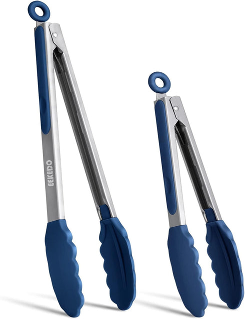 Kitchen Tongs, Stainless Steel Silicone Tongs for Cooking 600ºF High Heat-Resistant BBQ Grilling Locking Tongs, Set of 2-9" and 12" Classic Blue...