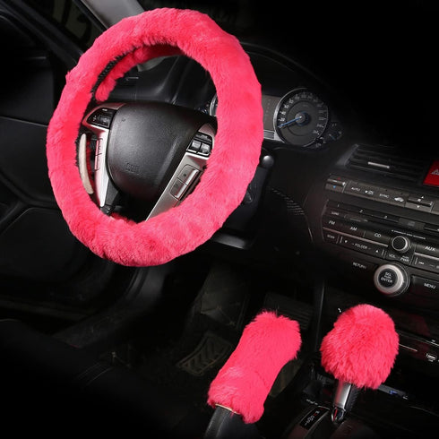 Car Steering Wheel Cover with Handbrake Cover & Gear Shift Cover CXTIY Fashion Steering Wheel Wrap Faux Wool Fluffy Soft and Warm in Winter Diamet...