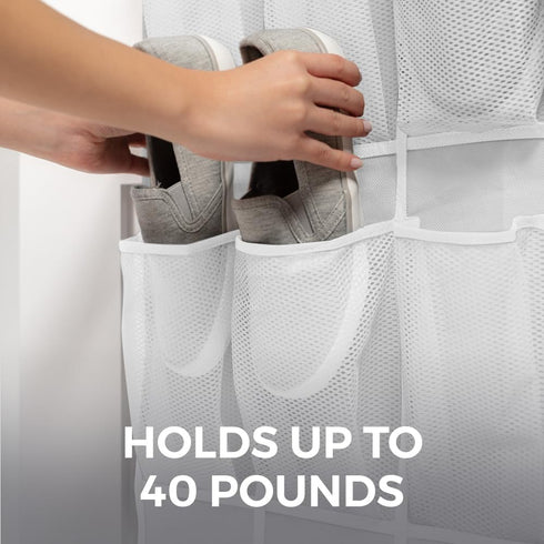 HOME GENIE 24 Pocket Strong Space Saving Over Door Shoe Organizer, Holds Up to 40 Pounds, Stay In Place Hooks Large Breathable Mesh Pocket Hanging...