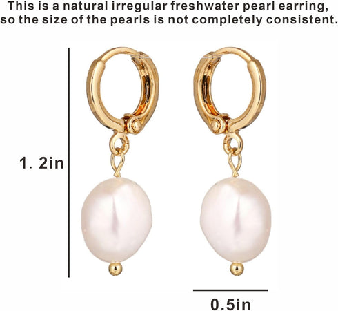 Huggie Small Hoop Pearl Earrings, Natural Fresh-water Pearl Earrings 18k Gold Plated Crystal Drop Dangle Earrings for Women...