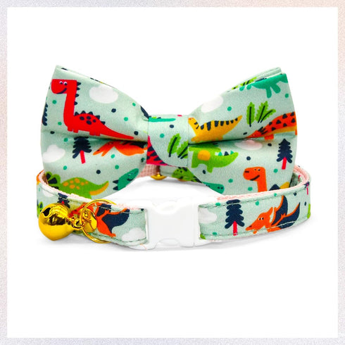 Cute Dinosaur Cat Bow Tie Collar, Green Cat Collar, Breakaway with Bell, Safety Plastic Buckle Collar for Cats...