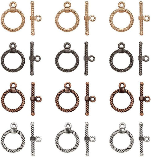 Beadthoven 20 Sets Tibetan Style Twisted Toggle T-Bar Clasps Mixed Color Round Bracelet Jewelry Claps Connectors OT Buckle Closure Findings for DI...