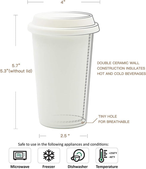 Reusable Double Wall Insulated White Ceramic Travel Coffee Cup with Lid & Sleeve, 12 fl.oz, I Am Not a Paper Cup...