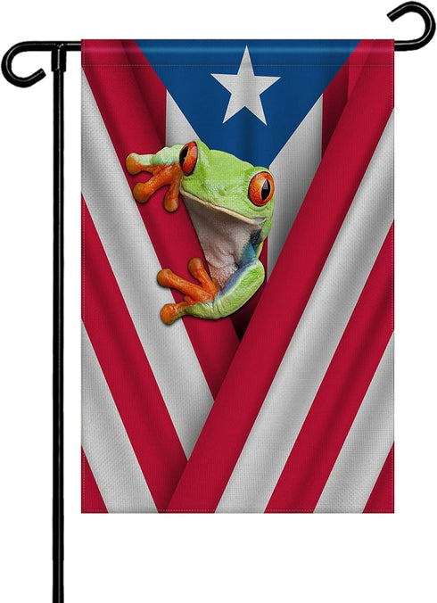 Garden Flags for Outside, Spring Summer Garden Flag for Garden & Porch Decor, Puerto Rico Flag and Frog Yard Flags for Outside 12x18 Inch Double S...