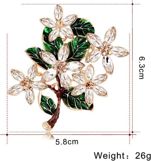 Womens Flower Green Leaf Rhinestone Brooch Pin...
