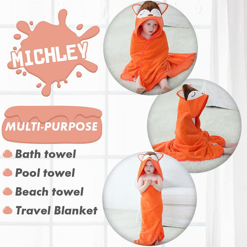 MICHLEY Animal Hooded Baby Towel Washcloth, Toddler Premium Cotton Absorbent Bathrobe for Girls Boys 0-6T (Fox)...