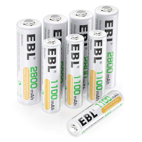 EBL AA Rechargeable Batteries 2800mAh (4 Pack) and AAA Rechargeable Batteries 1100mAh (4 Pack), 1.2V Ni-Mh Batteries Combo...