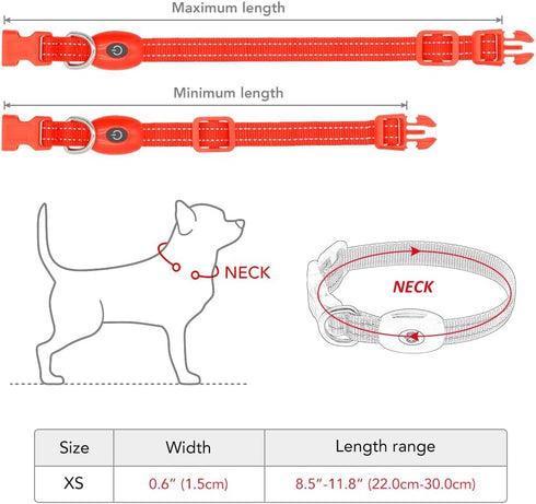 Light up Dog Collar for Small Dog,Vizpet XS Adjustable Size Nylon Collar USB Rechargeable Bright Safety Pet Collar for Cats Dogs (Red?XS)...