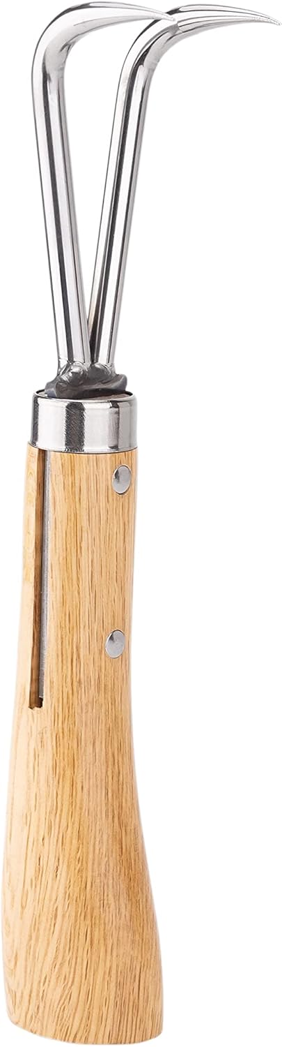 Nisaku NJP956 Nekaki Nihondume Handheld Double Claw Cultivator, Japanese Stainless Steel Tine Length 1.5-Inch, 5.5-Inch Polished Wood Handle...