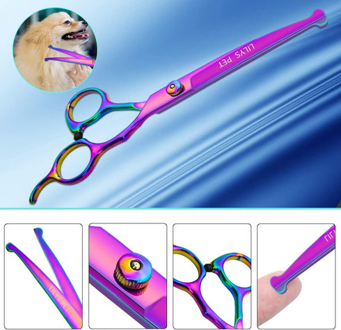 Safety Round-tip Scissors Set Professional PET Dog Grooming Coated Titanium Scissors Suit Cutting&Curved&Thinning Shears (Rainbow)...