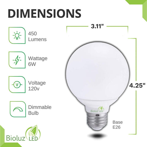 6 Pack Bioluz Dimmable Globe LED G25 40 Watt Replacement (Uses 6 Watts) Warm White (2700K) LED Light Bulb, 450 Lumens UL Listed (Pack of 6)...