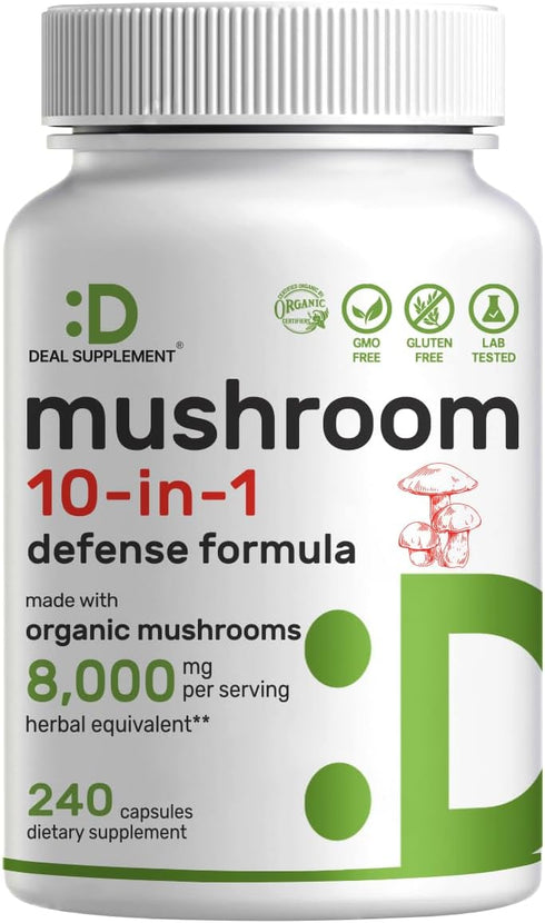 Organic Mushroom Supplement, 8,000mg Per Serving, 240 Capsules – 10 in 1 Defense Formula – Turkey Tail, Lions Mane, Cordyceps, Chaga, & More – Imm...