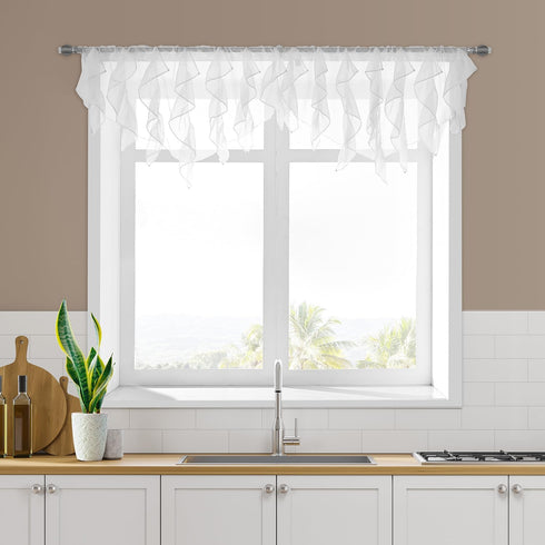 PearAge Ruffled Voile Semi Sheer Curtain Valance, Kitchen Living Room Shabby Chic Ruffle Valance Curtains, Girls Daughters Bedroom Cascade Window ...