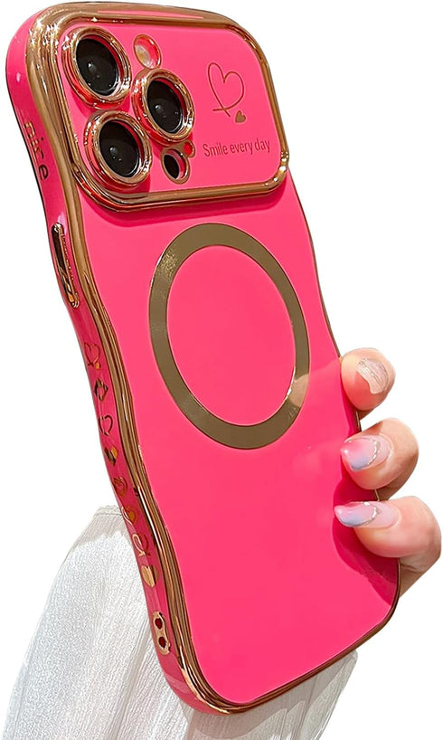 for iPhone 14 Pro Max Case Magnetic,for Women Girls Soft Cute Wave Frame Curly Shape Love Heart Luxury Plating Phone Case Compatible with MagSafe ...
