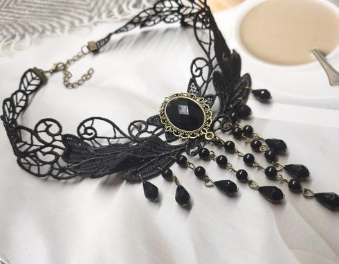 2 Pack Black White Droplet Elegant Vintage Princess Lace Gothic Statement Necklace Bracelet Victorian Tassel Flower Choker Pendant Vampire Neck Ch...
