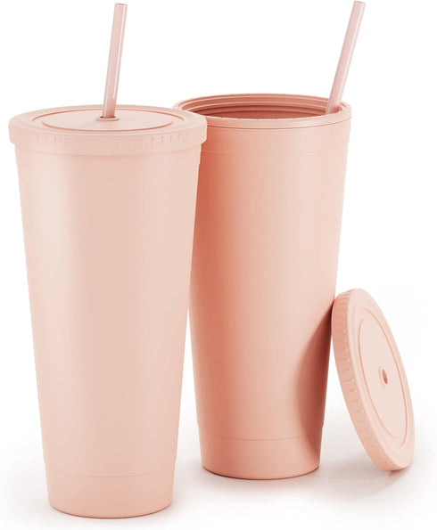 Maars Acrylic Travel Tumbler with Lid and Straw | 32oz Premium Insulated Double Wall XL Plastic Reusable Cups - Matte Blush, 2 Pack...