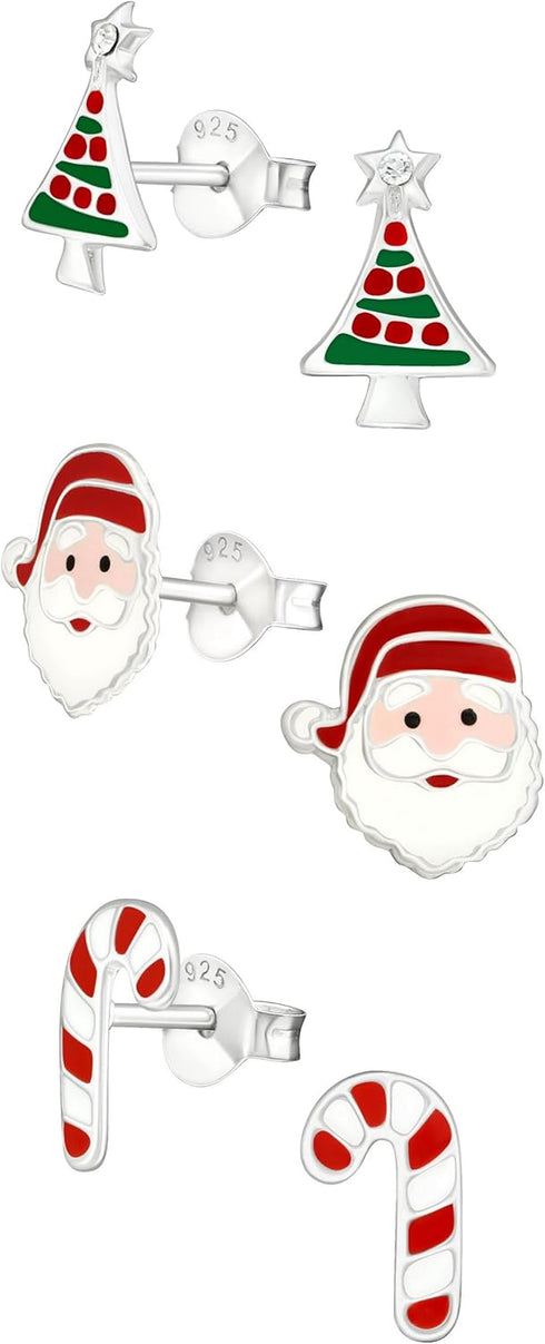 925 Sterling Silver (SET OF 3) Crystals Christmas Tree Santa Claus Candy cane Stud Earrings 28468...