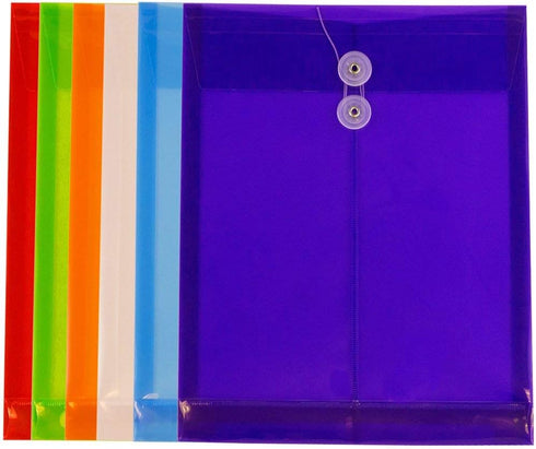 JAM PAPER Plastic Envelopes with Button & String Tie Closure - Letter Open End - 9 3/4 x 11 3/4 - Assorted Colors - 6/Pack...
