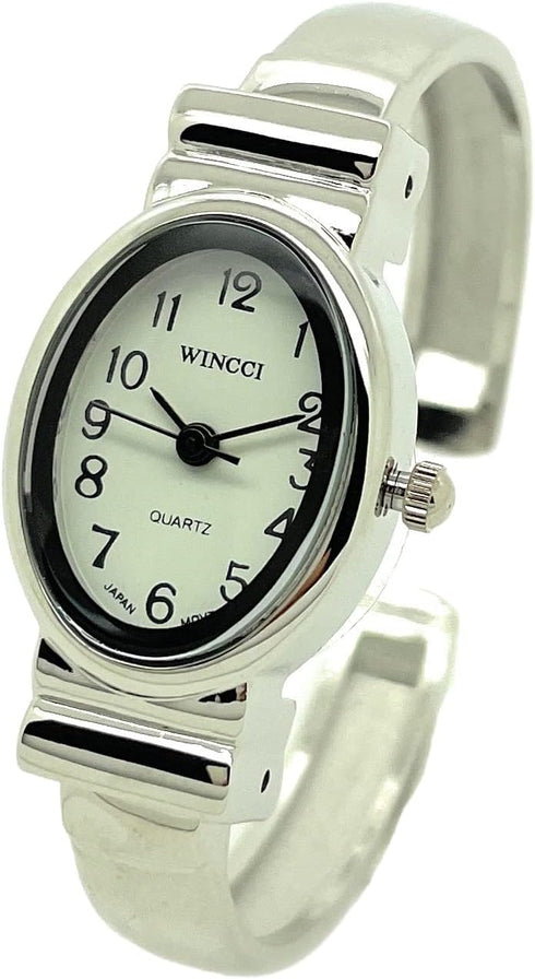 Ladies Small Oval Case Metal Bangle Cuff Fashion Analog Quartz Watch White Dial with Easy to Read Black Numbers...