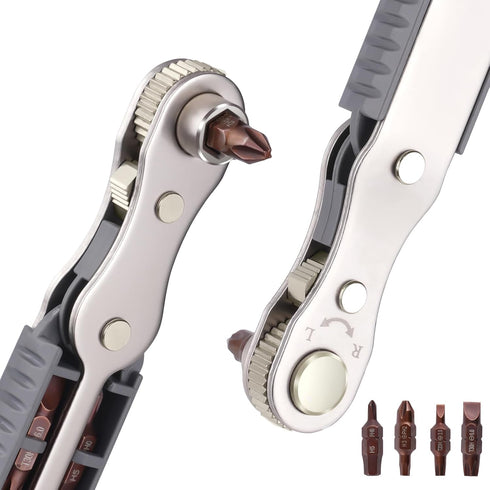 5 Pcs Mini Ratchet Wrench Set, 1/4 Inch Drive, High Torque Offset Reversible Screwdriver, with Phillips, Slotted, Hex, Torx for Tight Spaces...