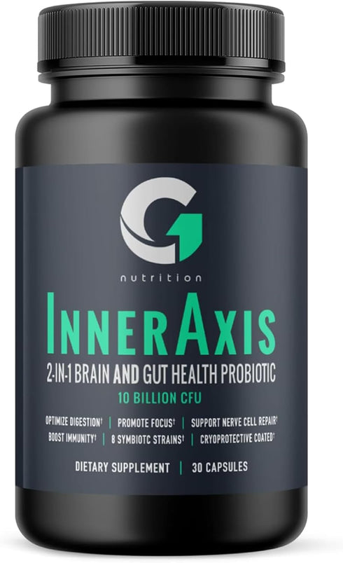 InnerAxis 2-in-1 Brain and Gut Health Probiotic, 10 Billion CFU, 8 Probiotic Strains for Gut, Psychobiotic, Mood and Brain Support, Acidophilus Pr...