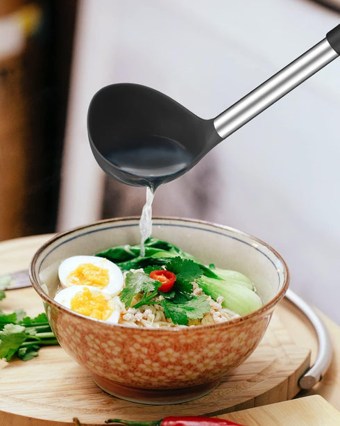 Silicone Pasta Fork and Soup Ladle Set, Non-Stick BPA Free Heat-Resistant Handy Kitchen Utensils for Cooking, Serving, Draining, Stirring (Black)...