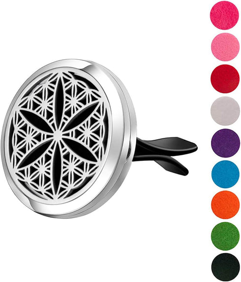 Wild Essentials Flower of Life Essential Oil Car Vent Diffuser, Stainless Steel Locket Pendant With 12 Color Refill Pads, Customizable Color Chang...