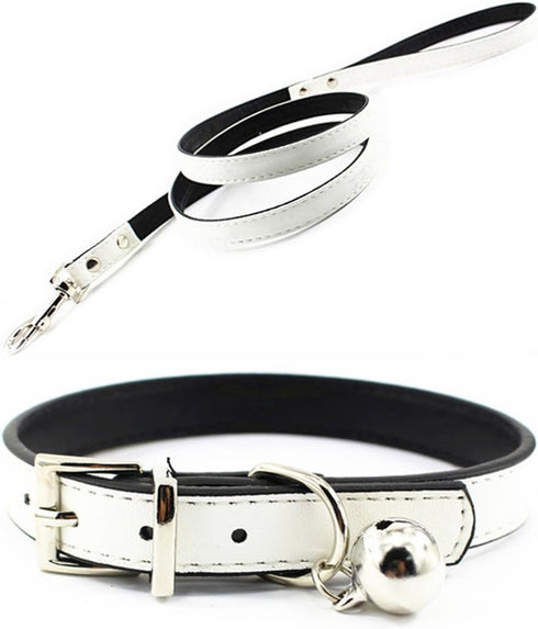 Metal Buckle Pet Collar and Leash Set with Bell Suit for Cats or Puppy Dogs White/Black/Red/Pink/Blue/Brown (S (Collar + Leash), White)...