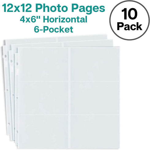Dunwell Photo Album Refill Pages 12x12, (10 Pack, 4x6 Horizontal) Holds 120 Photos, Clear Plastic 4 x 6 Photo Sleeves for 3 Ring Binder, D-Ring Sc...