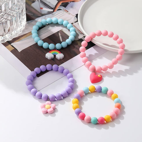 Colorful Rainbow Flower Heart Charm Bracelets Set Y2k Friendship Acrylic Beaded Stretchy Strand Bracelet for Women Girls Cute Preppy Party Favor P...