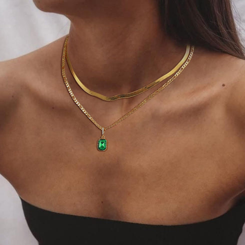 ACECHA Gold Layered Necklaces for Women, 18K Gold Plated Emerald Pendant Rectangle Necklaces for Teen Girls, Layering Choker Necklace Jewelry Gift...
