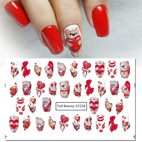 Valentine's Day Nail Stickers DIY Water Transfer Nail Stickers Heart Love Cute Bear Self Adhesive Water Transfer Nail Decals Sexy Lips Love Letter...